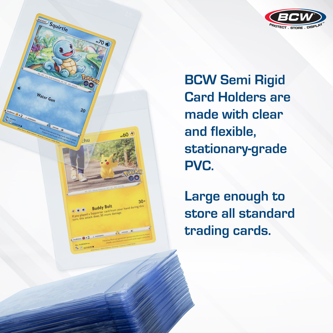 BCW semi-rigid card holders with trading cards on a white background