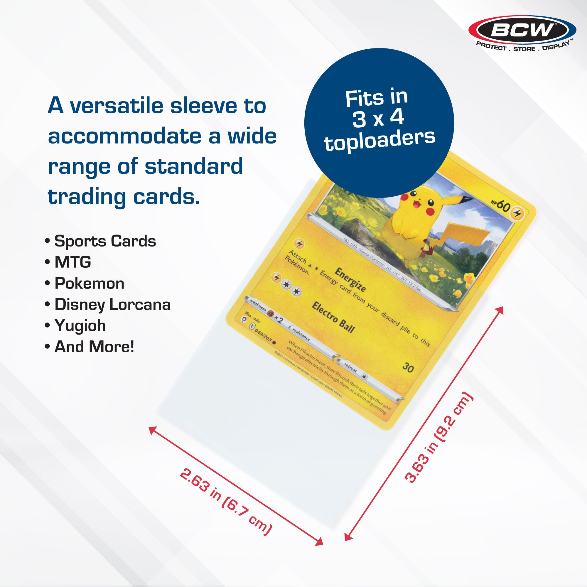 Trading card sleeve with a Pokémon card on a white background, featuring BCW branding.