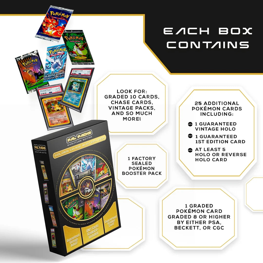 Golden Pokemon Trading Card Mystery Box | Graded 8+ Card | Sealed Booster Pack | 25+ Cards