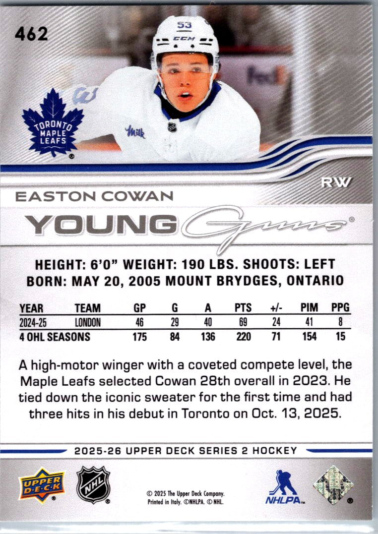 2025/26 Upper Deck Easton Cowan Young Guns Card