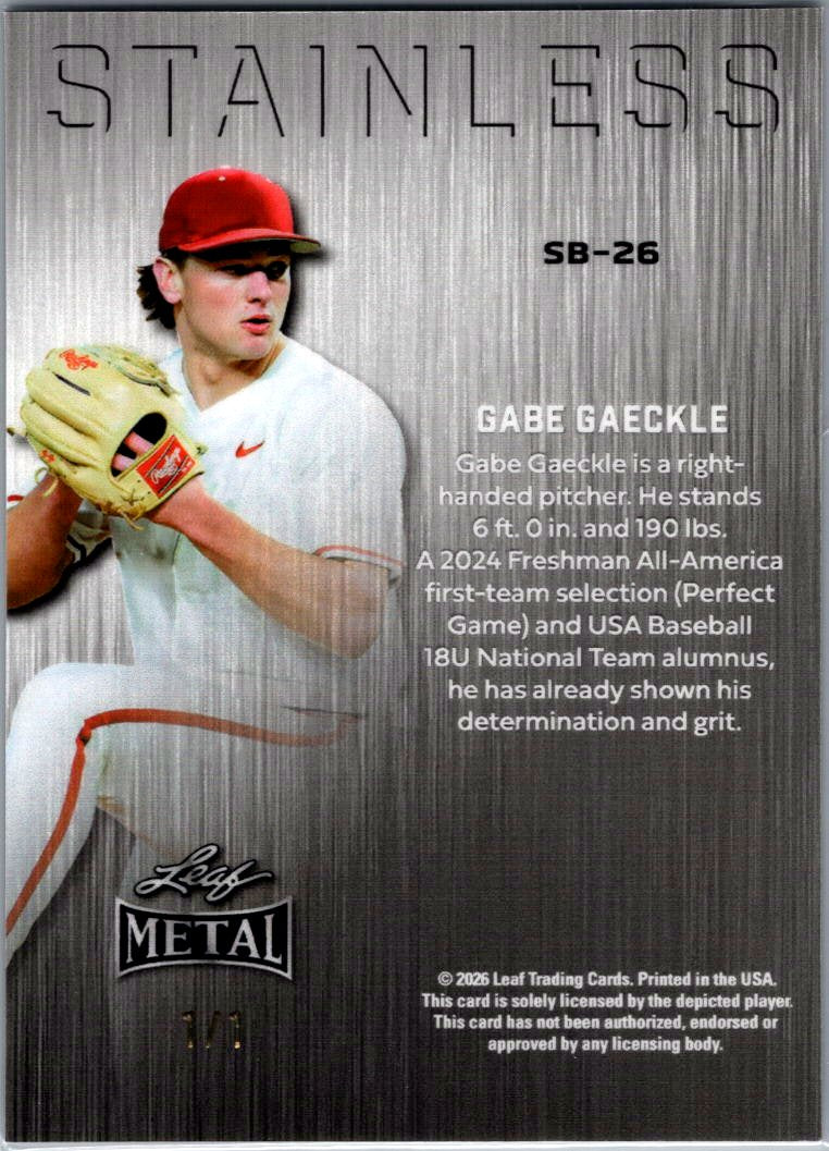 Gabe Gaeckle 2026 Leaf Metal White Stainless 1/1 SB-26 - Razorbacks