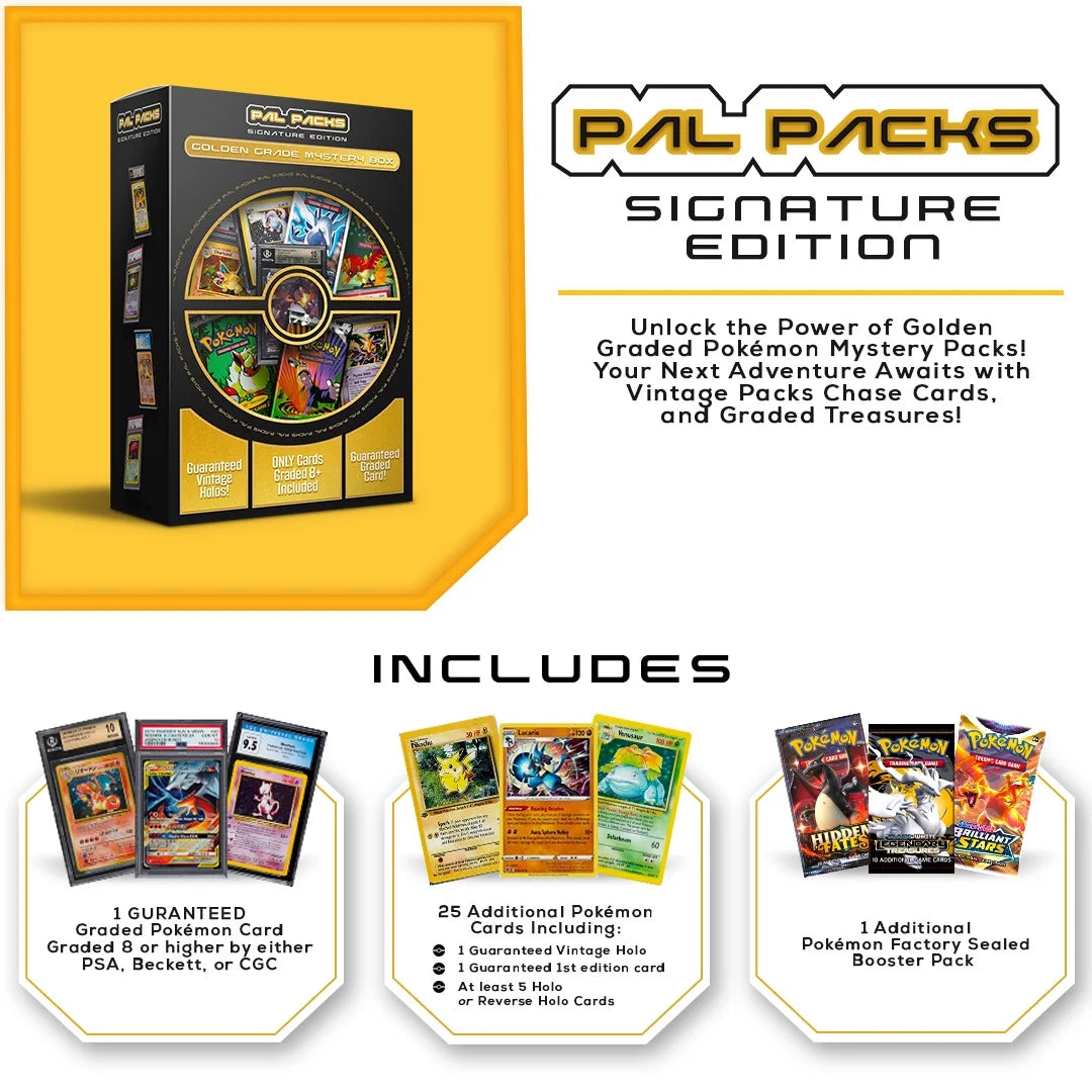 Golden Pokemon Trading Card Mystery Box | Graded 8+ Card | Sealed Booster Pack | 25+ Cards