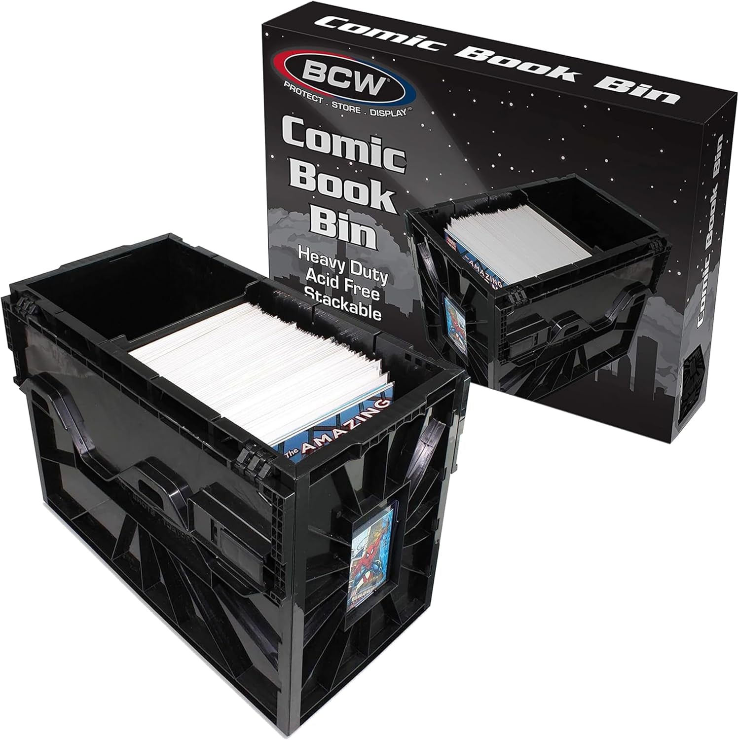 Comic Bin, Black - Holds 150 Comics, Acid Free Storage and Organizer, Heavy Duty Plastic, Stackable, Includes Partition