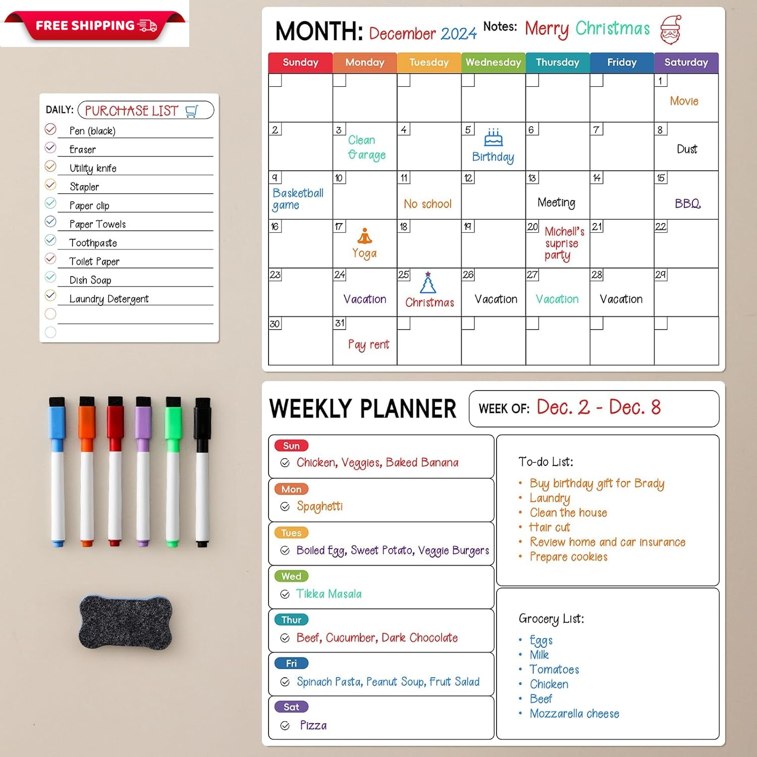 Magnetic Dry Erase Calendar for Refrigerator, 3 Pack-Monthly, Weekly, Daily Magn