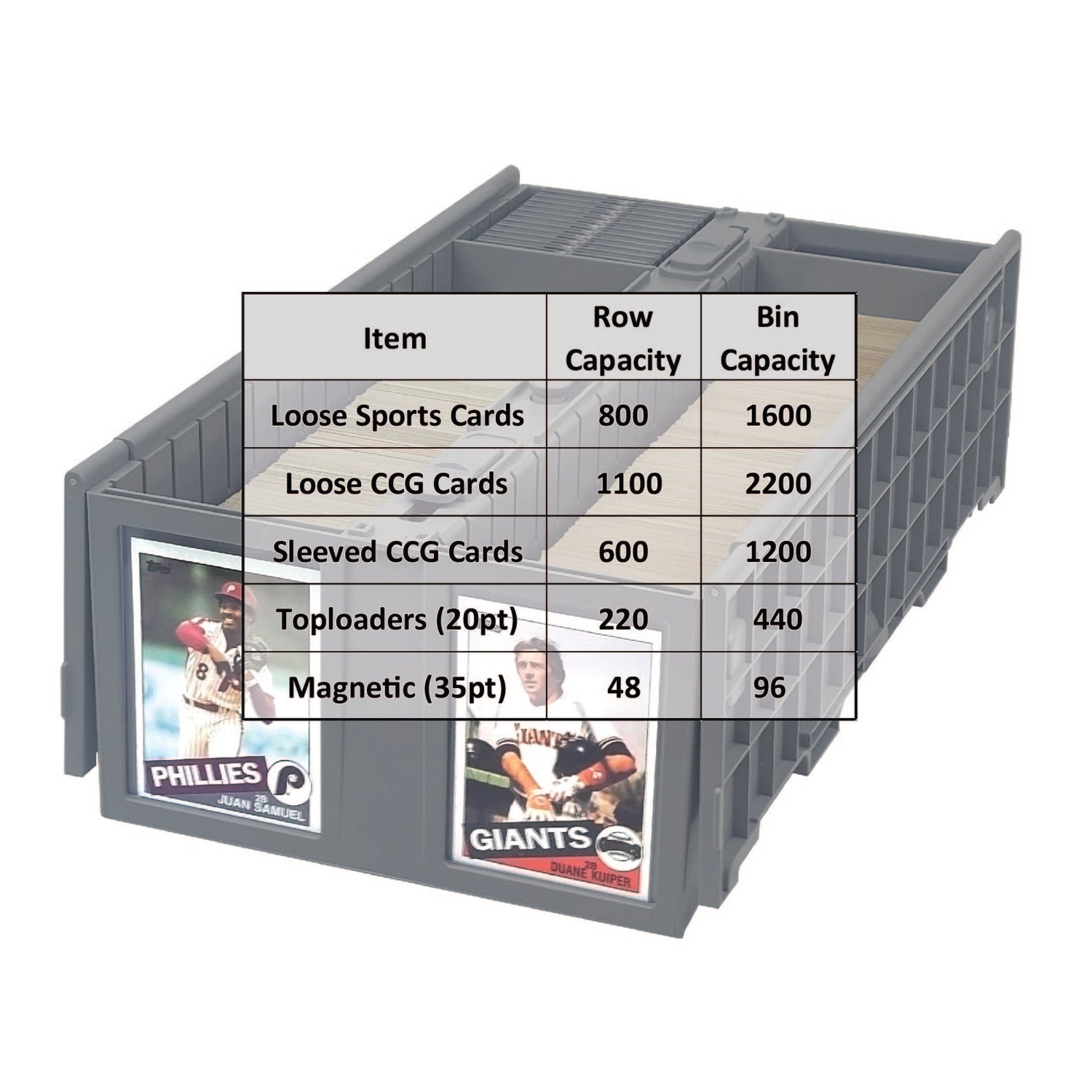 Card storage bin with capacity chart and card examples on a white background