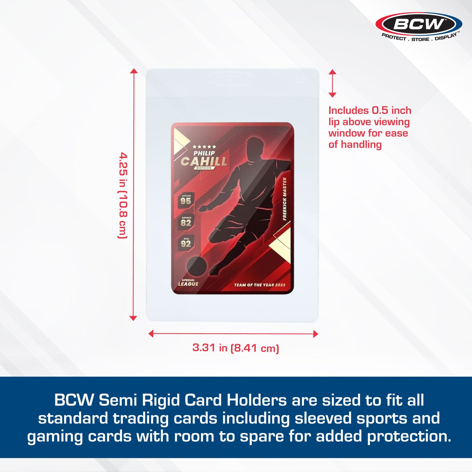 BCW semi-rigid card holder with a trading card on a white background