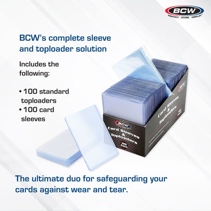 BCW card sleeves and toploader packaging with text on a white background