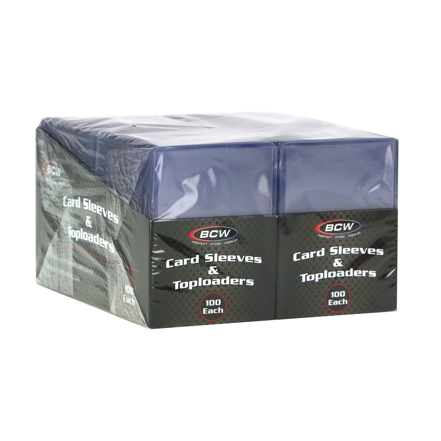Box of BCW card sleeves and toploaders on a white background