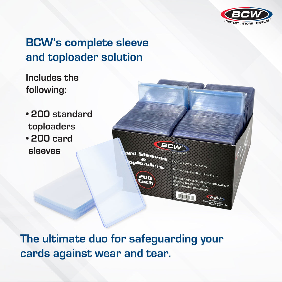 BCW card sleeves and toploaders packaging with text on a white background