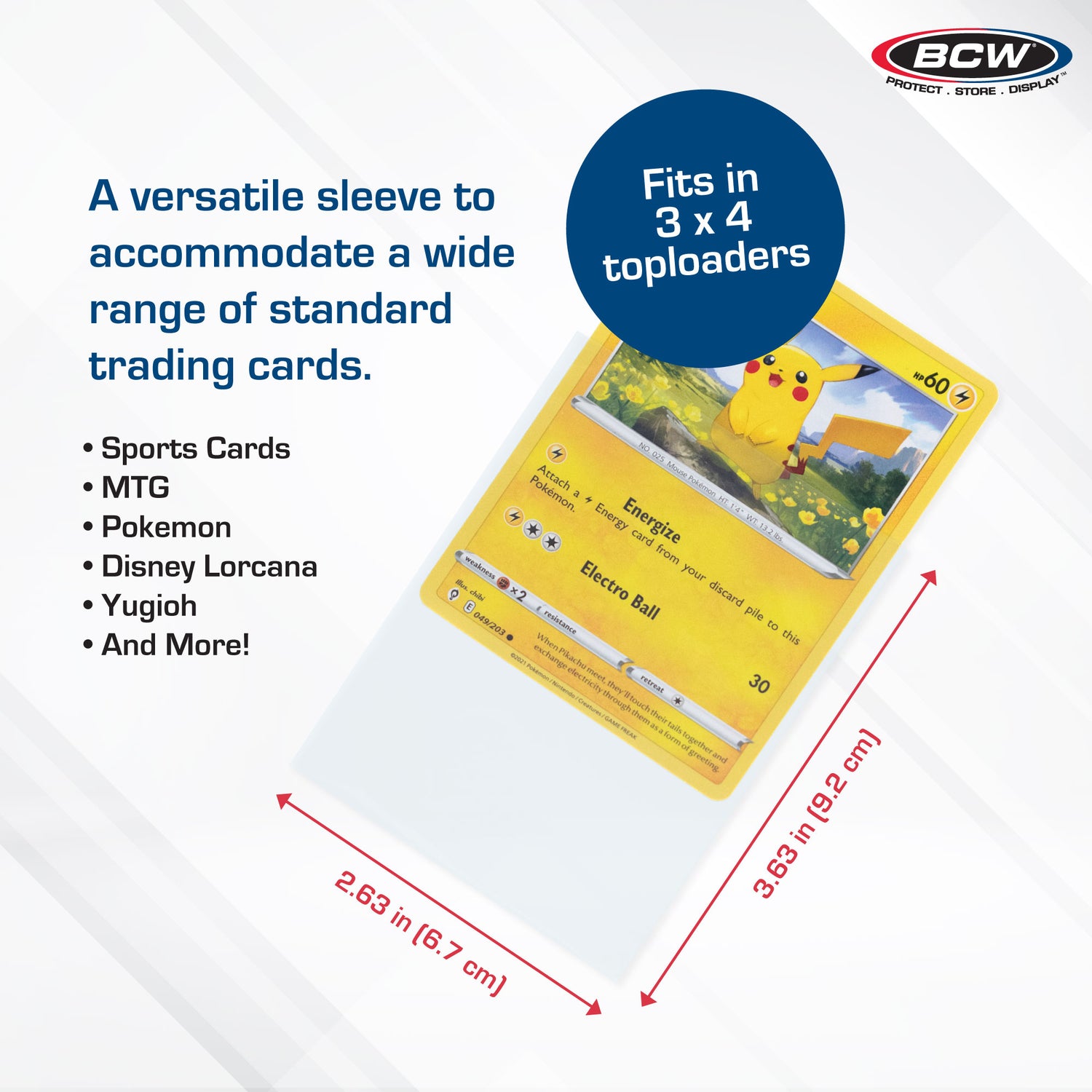 Trading card sleeve with a Pokémon card on a white background, featuring BCW branding.