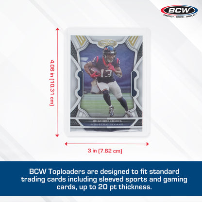 Trading card with dimensions and BCW Toploaders branding