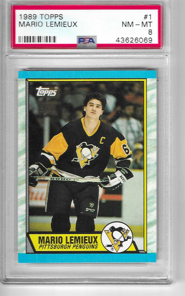 1989 Topps #1 Mario Lemieux Pittsburgh Penguins HOF Hockey Card PSA 8 NM-MINT