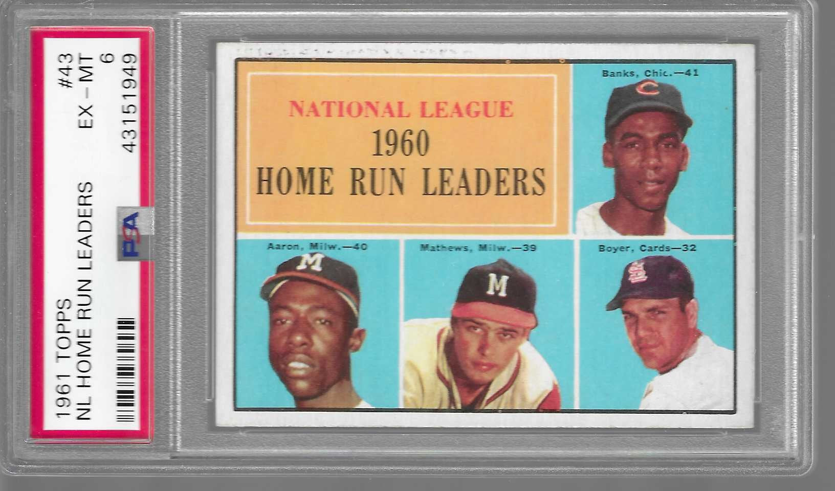1961 TOPPS NL HOME RUN LEADERS #43 ERNIE BANKS/ HANK AARON PSA 6 (EX-MT)