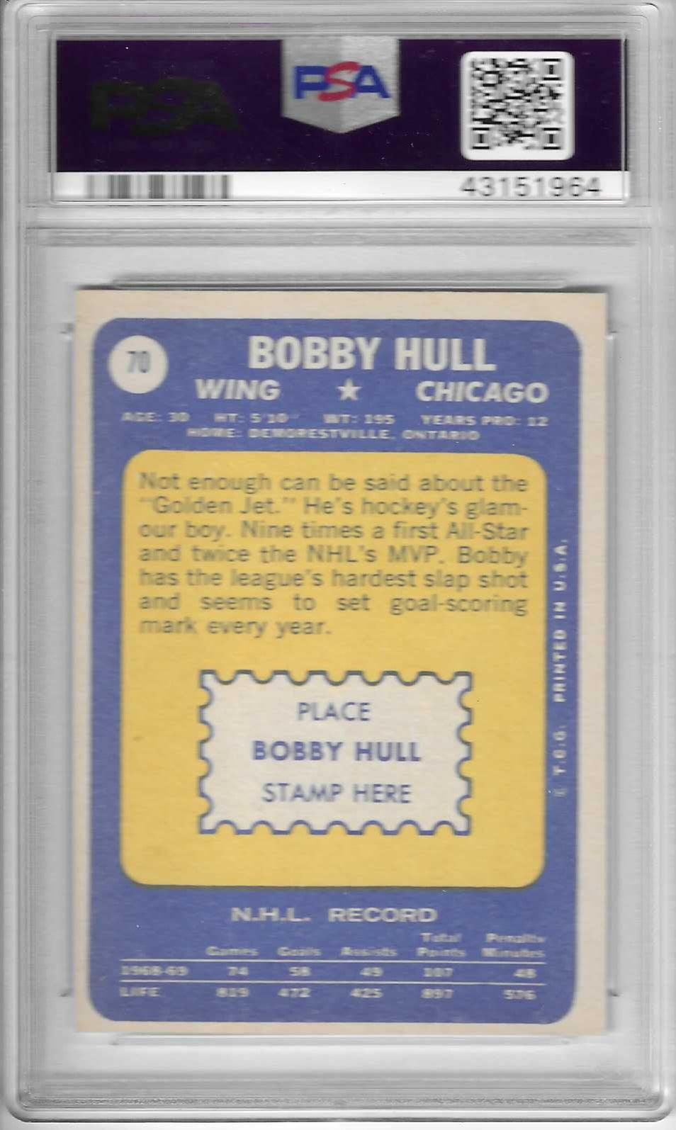 1969-70 TOPPS NHL HOCKEY #70 Bobby Hull HOF PSA 6 EX-MT Chicago Black hawks Card