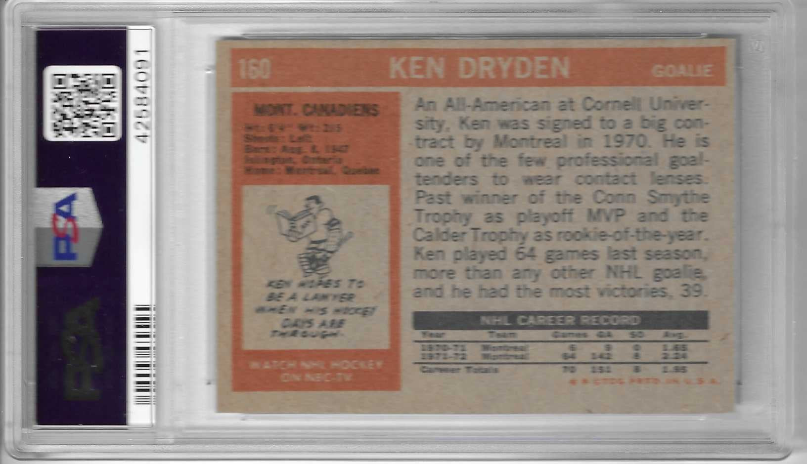 1972-73 TOPPS KEN DRYDEN CARD #160 GRADED PSA 8 NM-MT MONTREAL CANADIENS