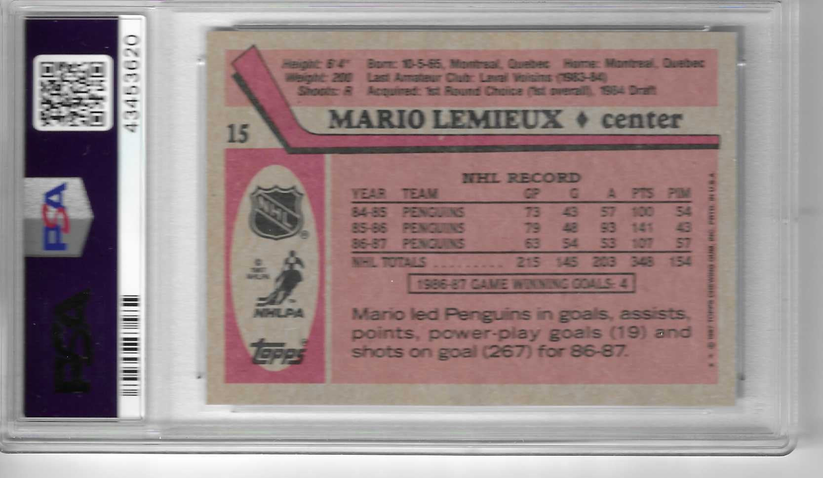 1987-88 TOPPS Hockey #15 Mario Lemieux Graded PSA 8.5 NM-MT+ Pittsburgh Penguins