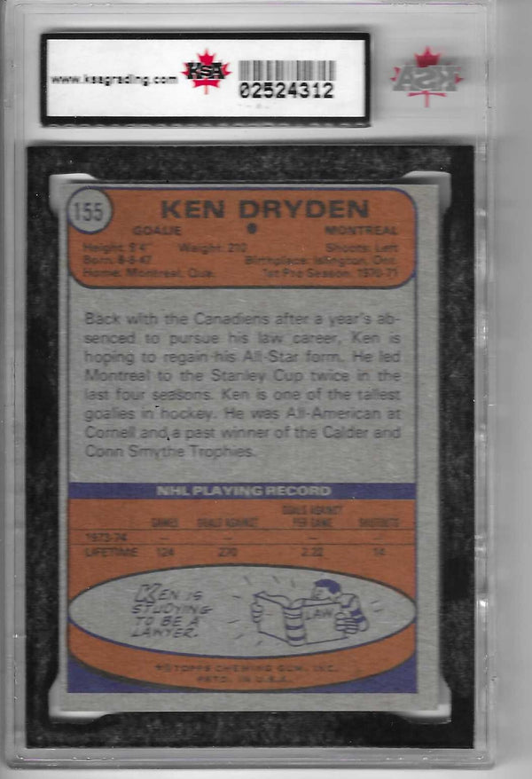 1974-75 Topps Ken Dryden #155 KSA 9 Mint