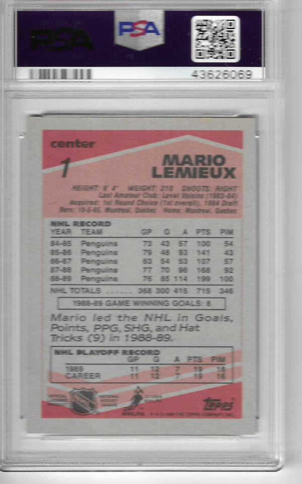1989 Topps #1 Mario Lemieux Pittsburgh Penguins HOF Hockey Card PSA 8 NM-MINT