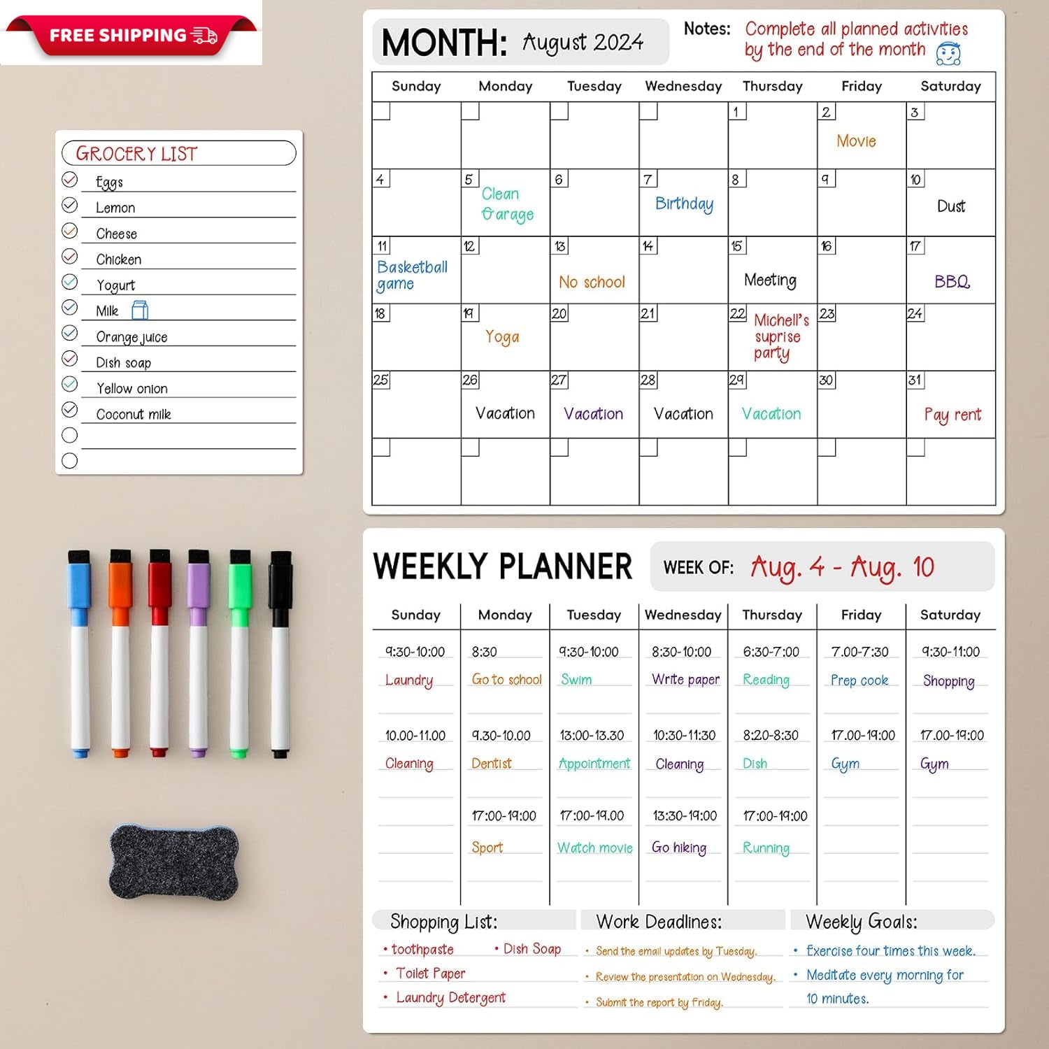 Magnetic Dry Erase Calendar for Refrigerator, 3 Pack-Monthly, Weekly, Daily Magn