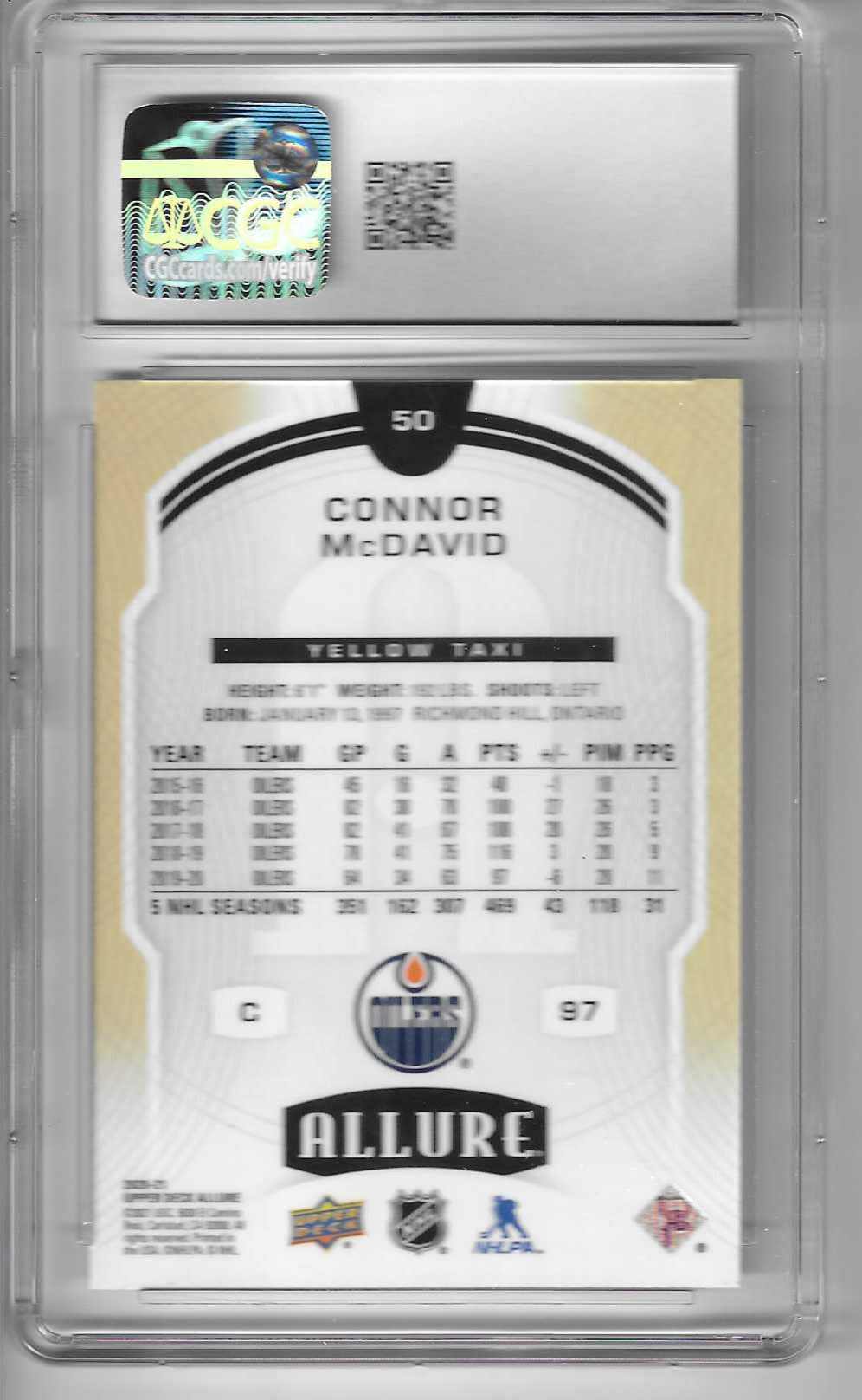2020 UD Allure Connor McDavid Yellow Taxi #50 CGC MINT 9