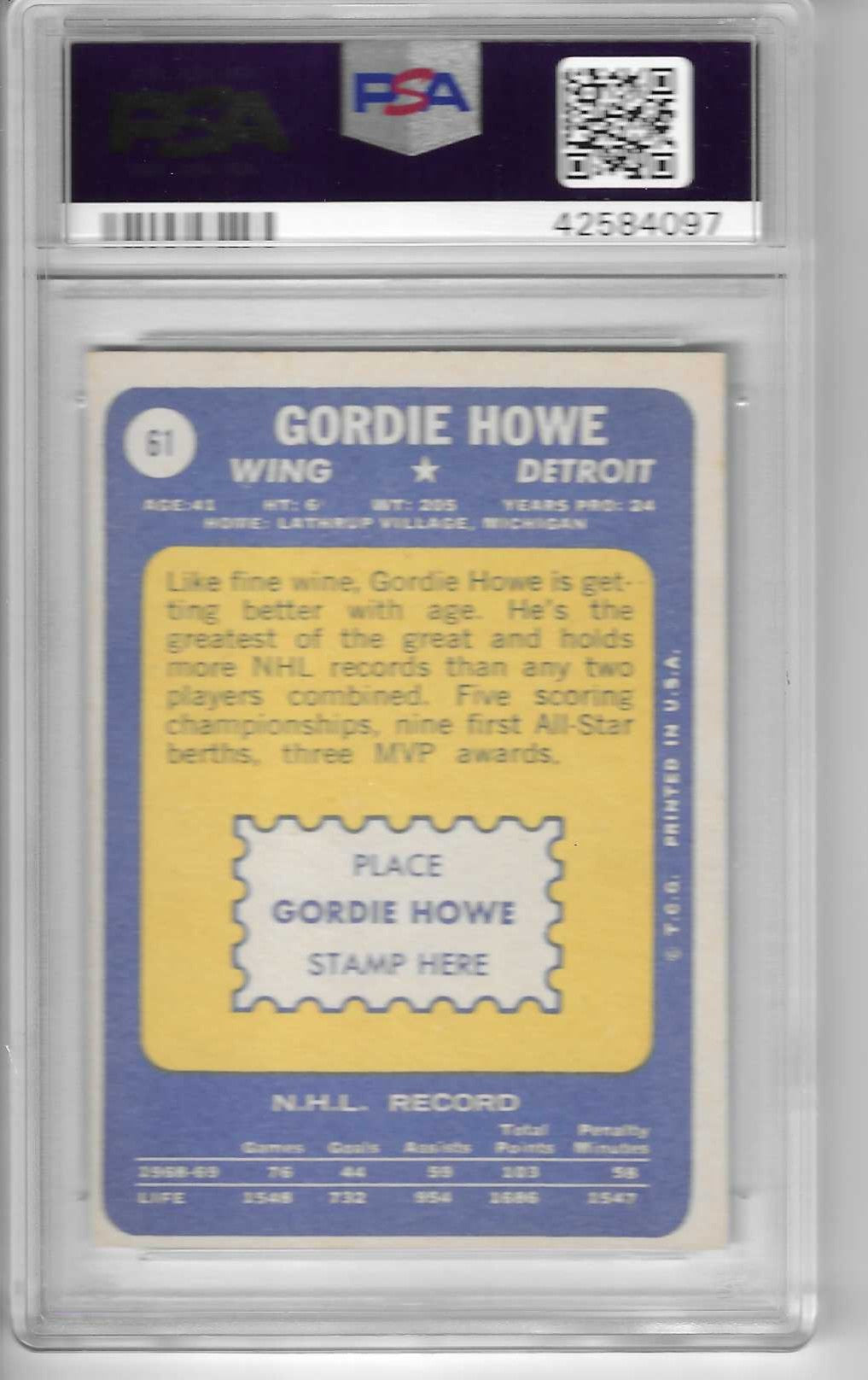 1969 TOPPS HOCKEY 61 GORDIE HOWE PSA 7 NEAR MINT RED WINGS