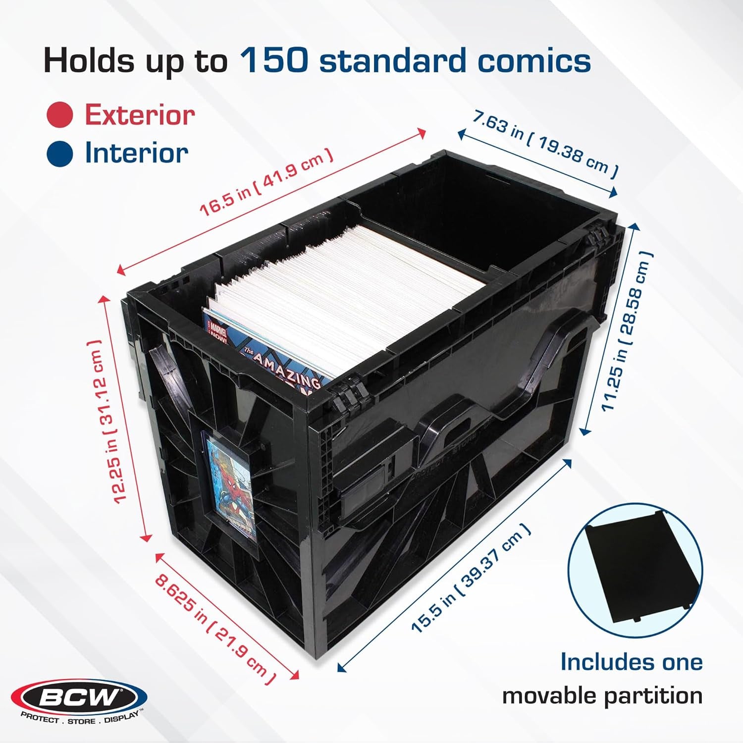 Comic Bin, Black - Holds 150 Comics, Acid Free Storage and Organizer, Heavy Duty Plastic, Stackable, Includes Partition
