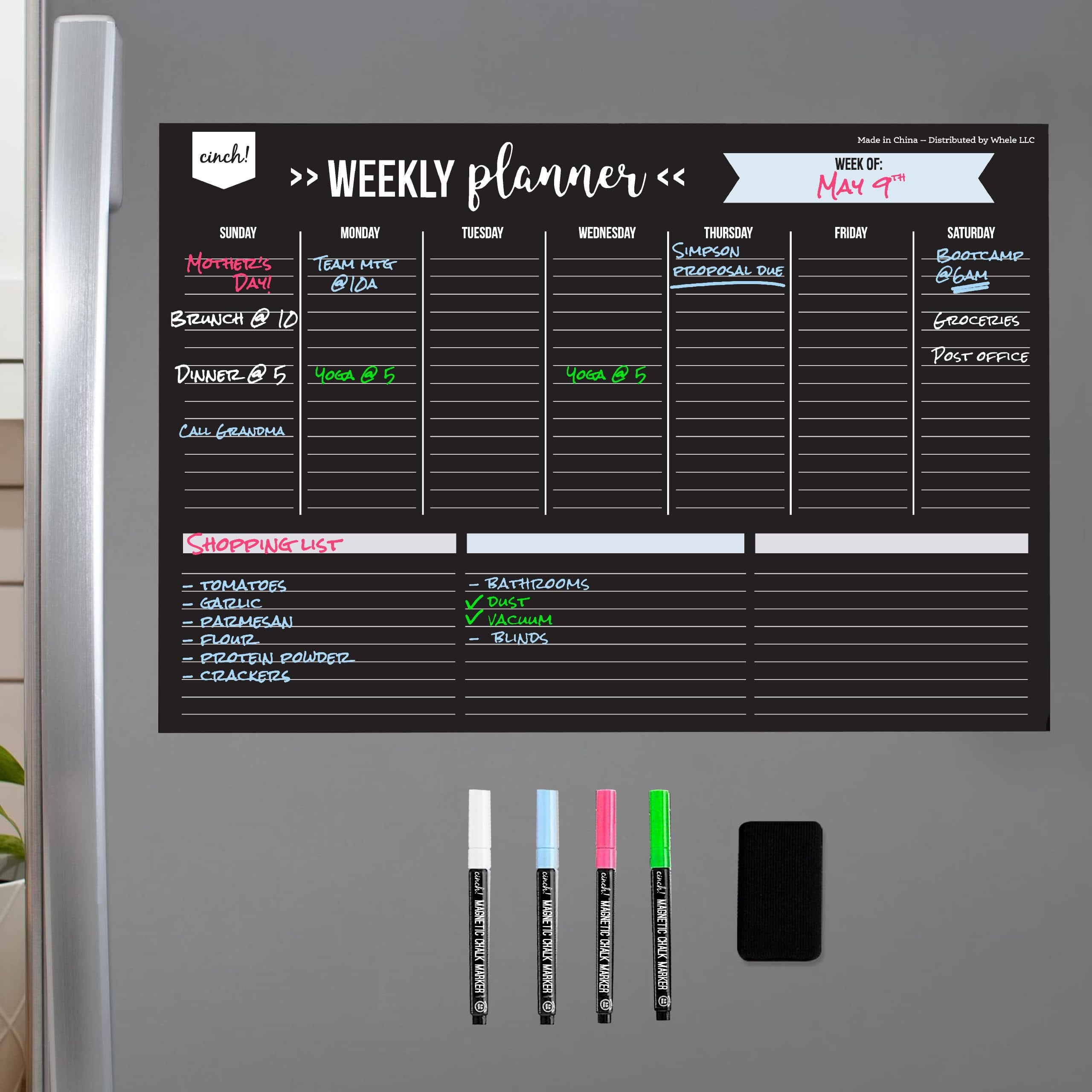 17X12-Inch Magnetic Dry Erase Weekly Planner for Fridge - Black Weekly Calendar Board with 4 Fine Tip Markers and Large Eraser - Magnetic Fridge Organizer, Meal Planning, and Dry Erase Board