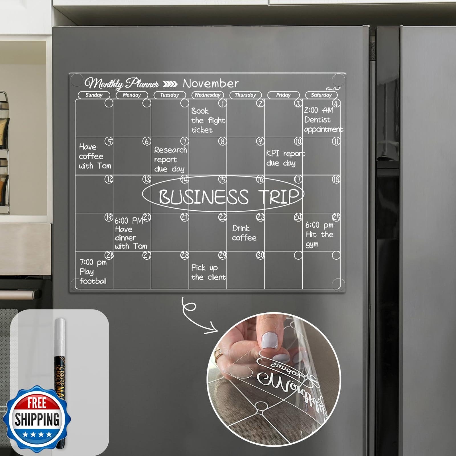 Clear Non-Magnetic Monthly Calendar for Fridge - Dry Erase Transparent Monthl