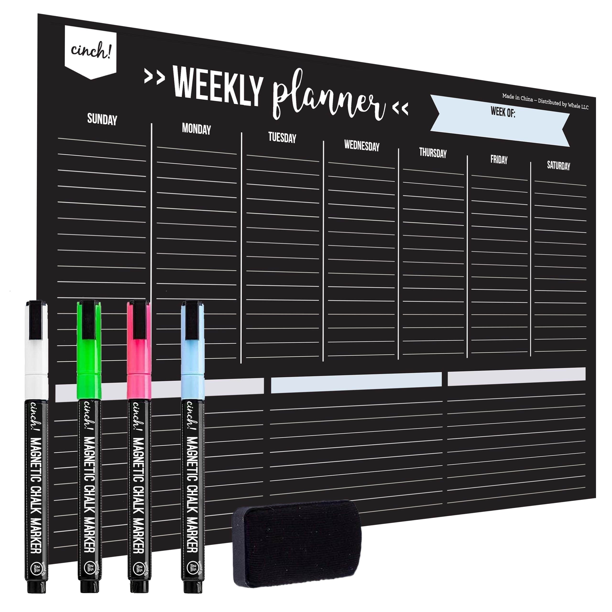 17X12-Inch Magnetic Dry Erase Weekly Planner for Fridge - Black Weekly Calendar Board with 4 Fine Tip Markers and Large Eraser - Magnetic Fridge Organizer, Meal Planning, and Dry Erase Board