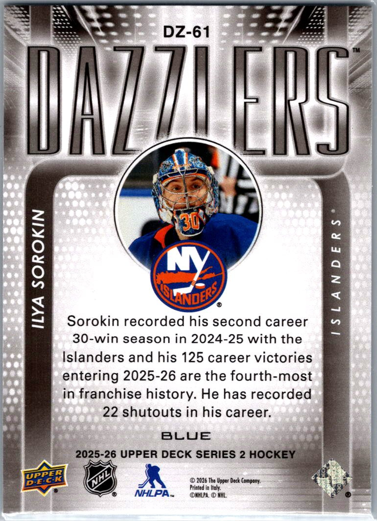 2025/26 Upper Deck Ilya Sorokin Blue Dazzlers Insert Card 
