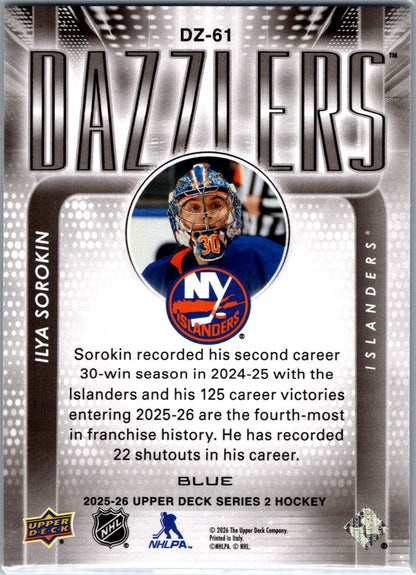 2025/26 Upper Deck Ilya Sorokin Blue Dazzlers Insert Card 