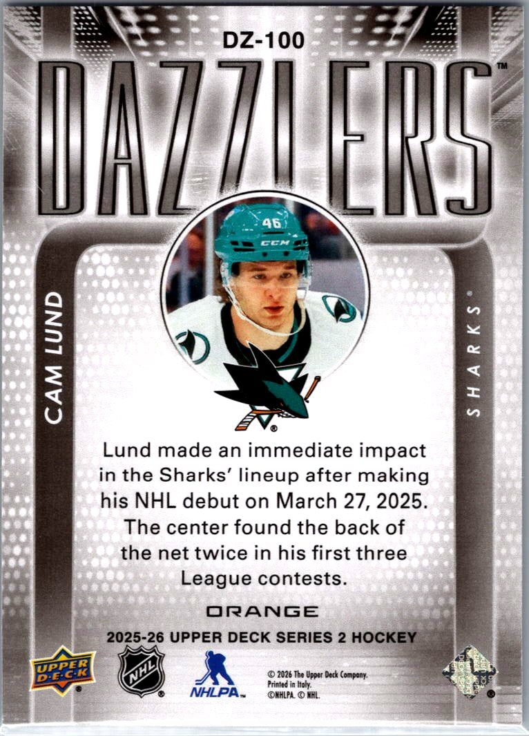 2025/26 Upper Deck Cam Lund Orange Dazzlers Card DZ-100