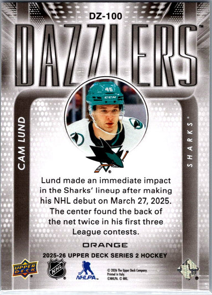 2025/26 Upper Deck Cam Lund Orange Dazzlers Card DZ-100