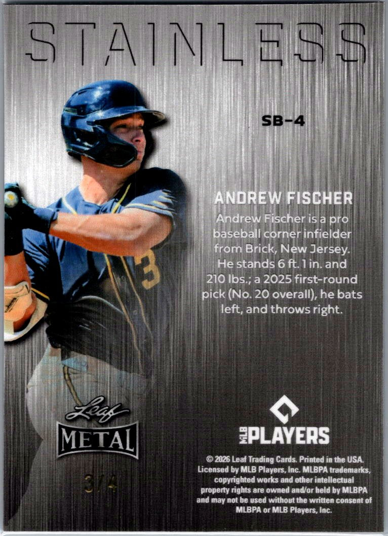 2026 Leaf Metal Baseball Andrew Fischer Blue Stainless SB-4 /4 Brewers