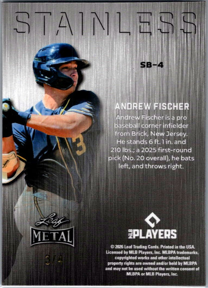2026 Leaf Metal Baseball Andrew Fischer Blue Stainless SB-4 /4 Brewers