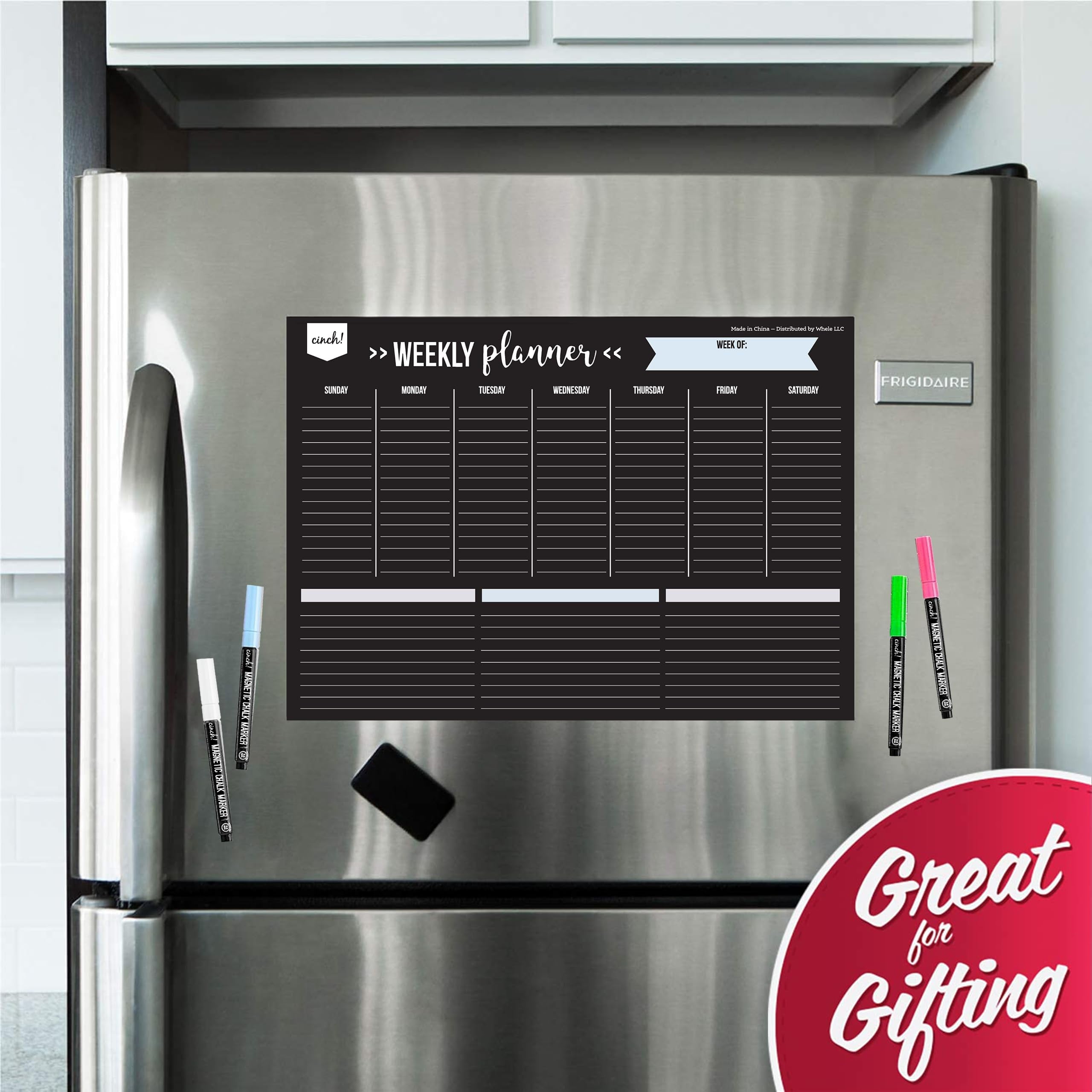 17X12-Inch Magnetic Dry Erase Weekly Planner for Fridge - Black Weekly Calendar Board with 4 Fine Tip Markers and Large Eraser - Magnetic Fridge Organizer, Meal Planning, and Dry Erase Board