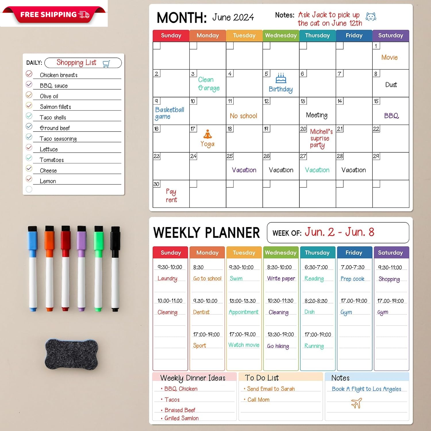 Magnetic Dry Erase Calendar for Refrigerator, 3 Pack-Monthly, Weekly, Daily Magn