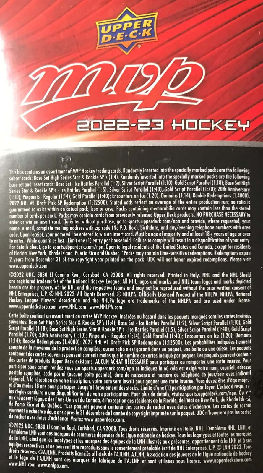 NHL  2022-23 MVP Hockey Trading Card BLASTER Box (15 Packs, Blaster-Exclusive Gold Script Parallels)