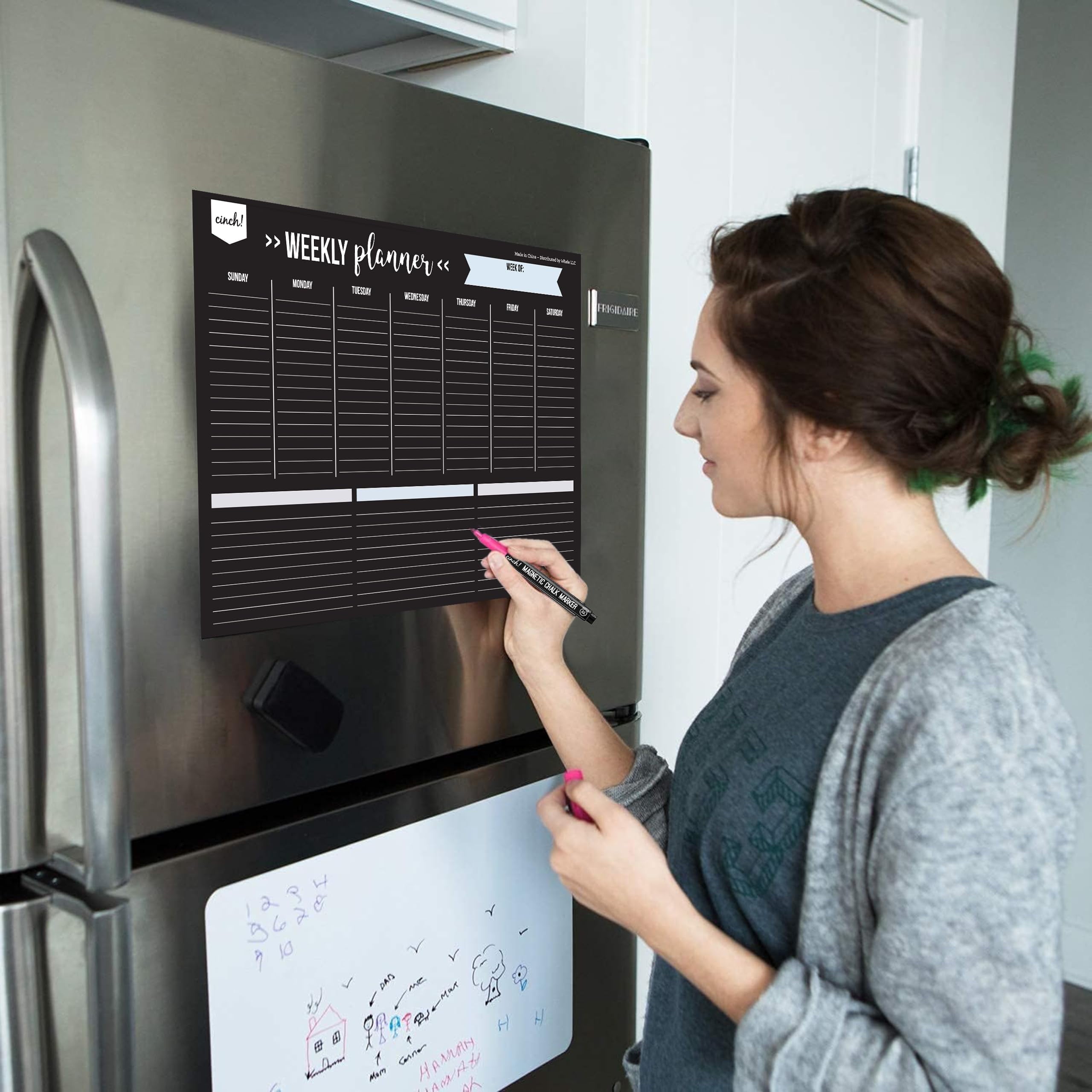 17X12-Inch Magnetic Dry Erase Weekly Planner for Fridge - Black Weekly Calendar Board with 4 Fine Tip Markers and Large Eraser - Magnetic Fridge Organizer, Meal Planning, and Dry Erase Board